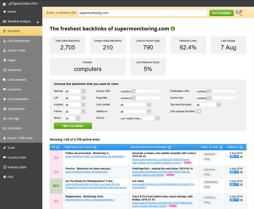 Analyze live backlinks, for free with OpenLinkProfiler
