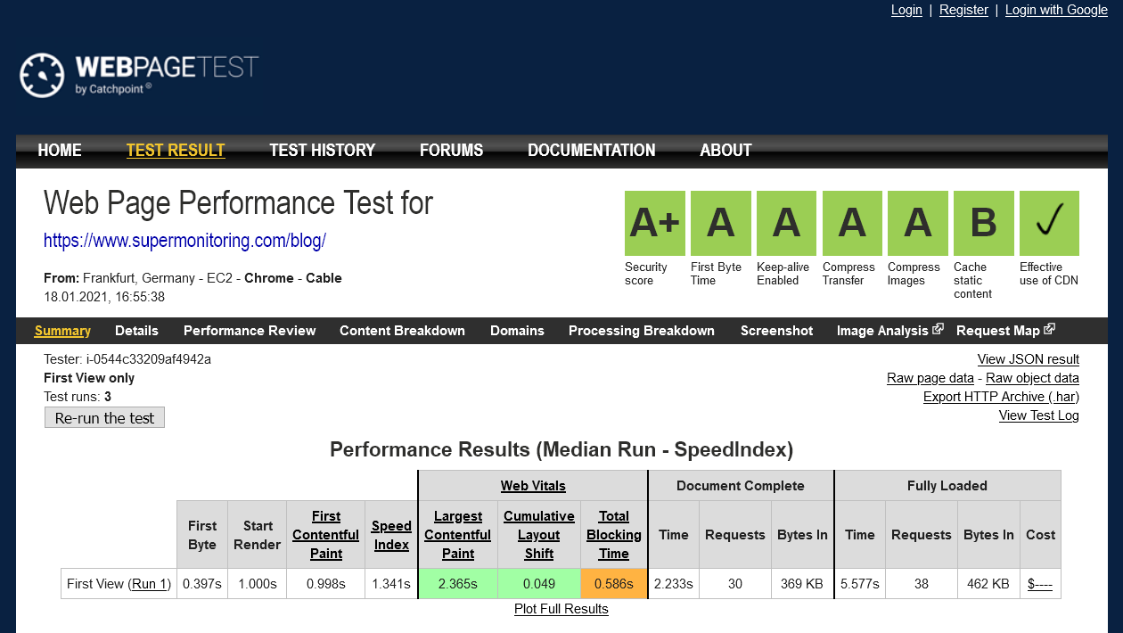 WebPageTest - Bildschirmfoto