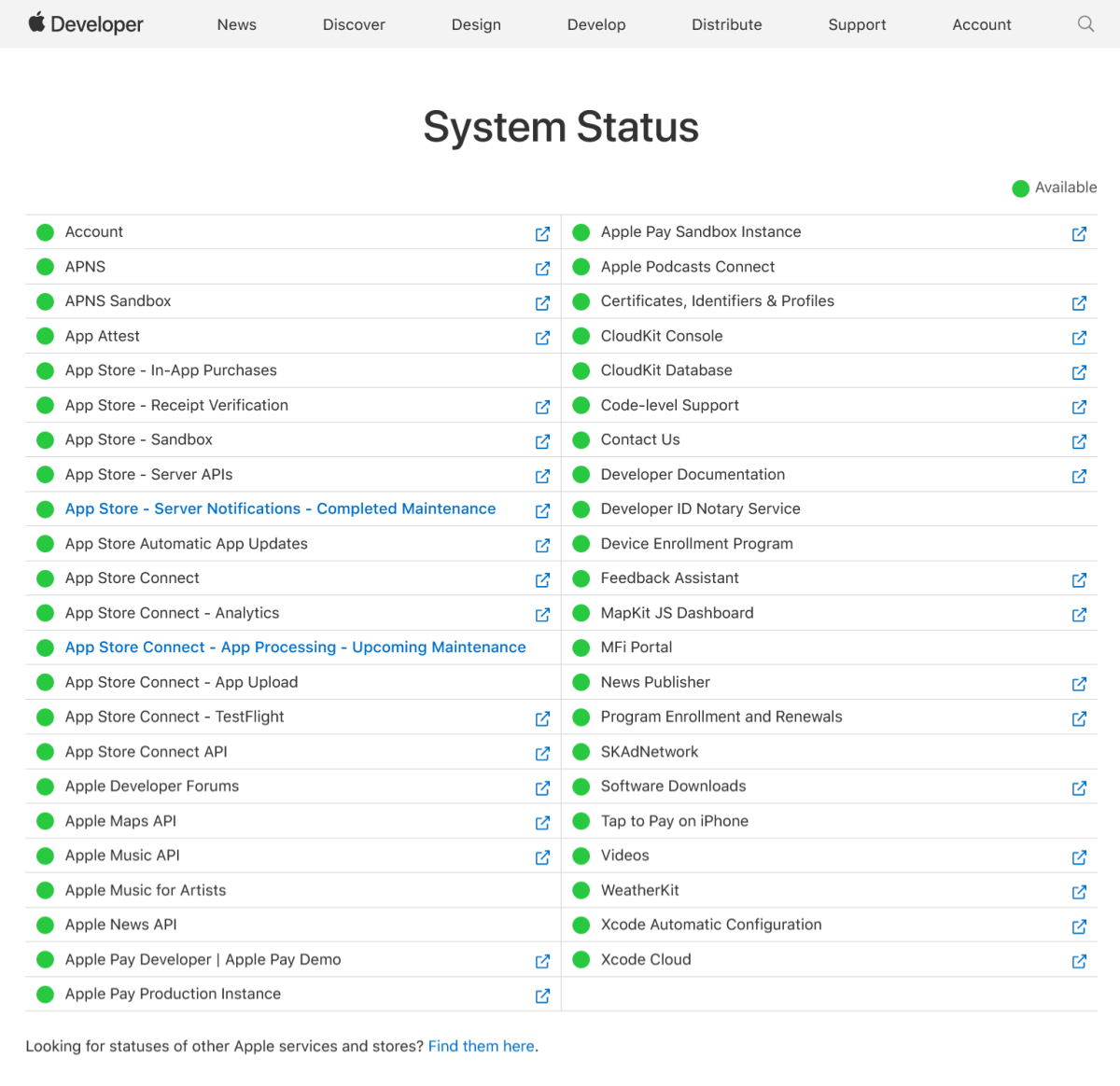 Apple Developer Status screenshot