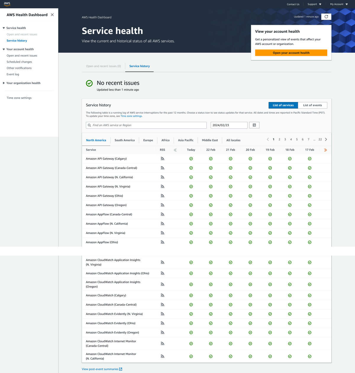 AWS Health Dashboard screenshot