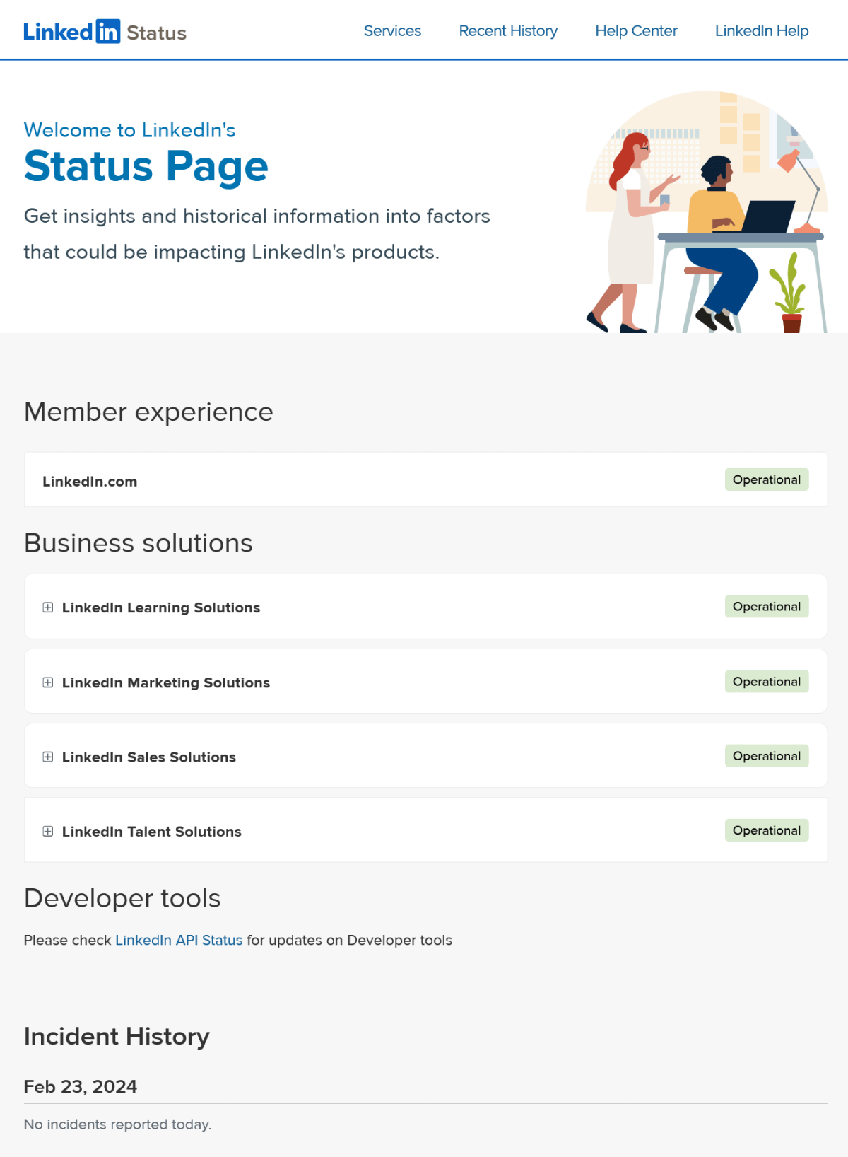 LinkedIn Status Page screenshot