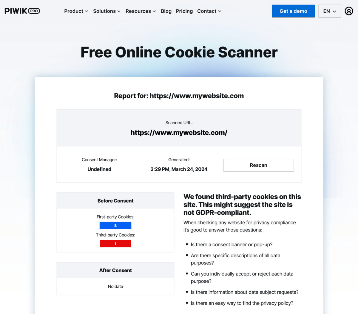 Piwik PRO - Escáner de Cookies en línea gratuito