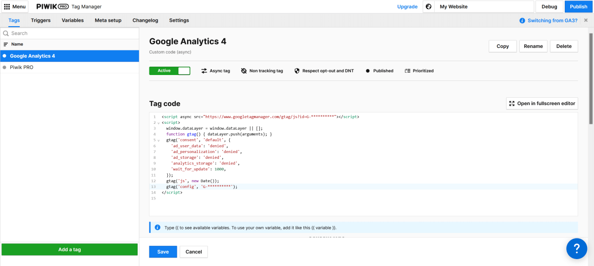 Piwik PRO - código de seguimiento de Google Analytics