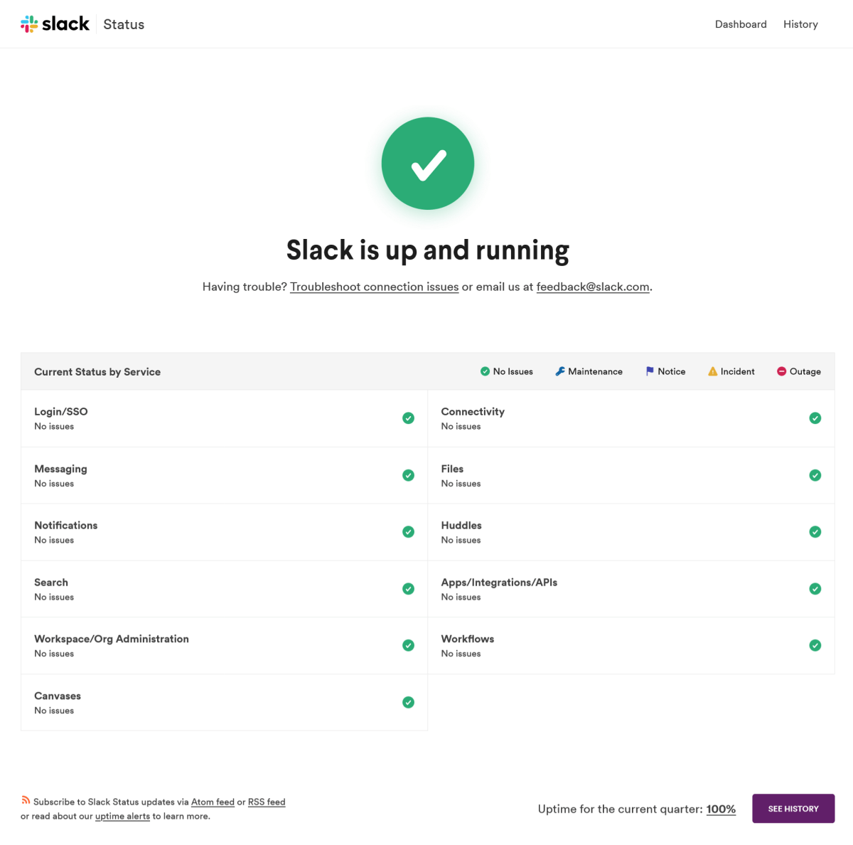 Screenshot des Slack Systemstatus
