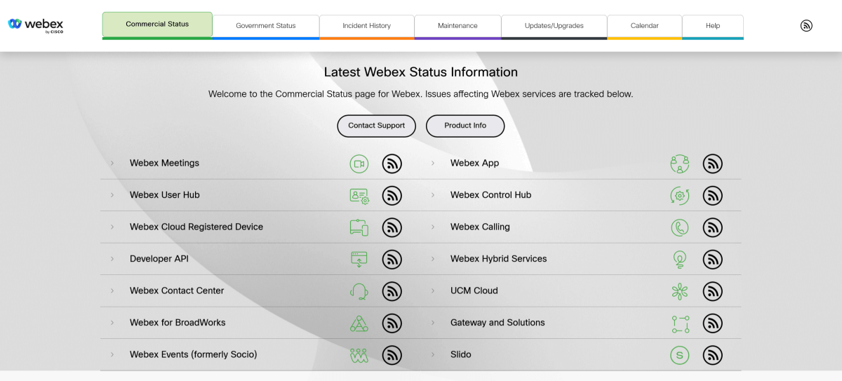 Zrzut ekranu globalnego statusu usług Webex